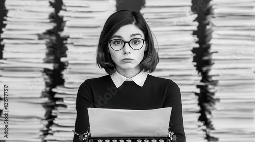Women’s History Month concept. Woman Typing Intently on Vintage Typewriter in Monochrome Office Setting