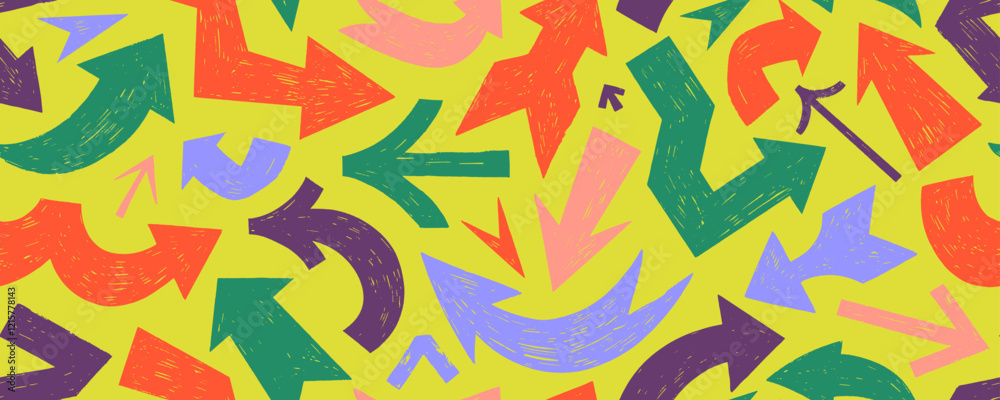 Multi colored seamless pattern with bold arrows with crayon or chalk texture. Seamless banner design in retro style with freehand different curved lines, squiggle geometric arrows. Direction pointers.