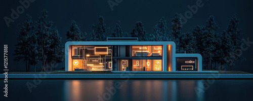 Modern villa with glowing tech driven automation by lake at night