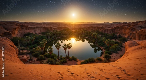 A radiant desert oasis with crystal-clear water and glowing sand under the moonlight