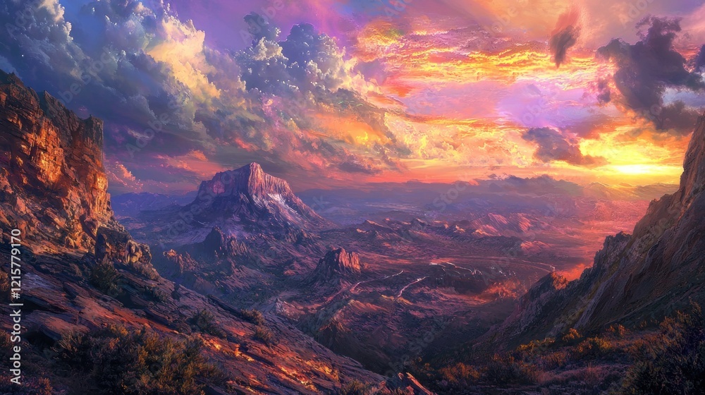 Naklejka premium Majestic Sunset Over Dramatic Mountain Range