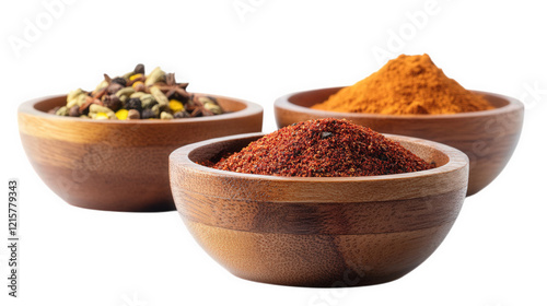 Fototapeta Naklejka Na Ścianę i Meble -  three wooden bowls filled with different types of spices one bowl contains a mix of whole spices. another has a vibrant orange spice. and the third features a red spice blend this visually appealing a