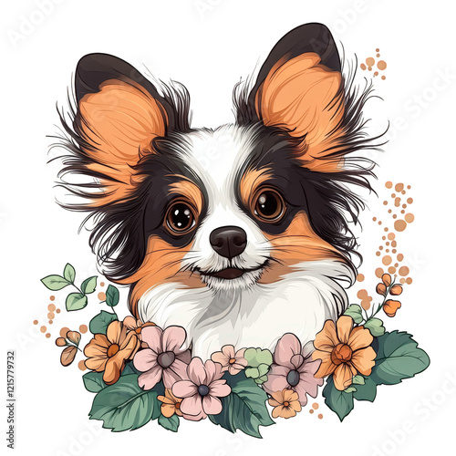 stylized illustration of a dog. specifically a chihuahua. with distinctive orange and black markings the dog's expressive eyes and fluffy ears are highlighted. surrounded by a floral arrangement of co