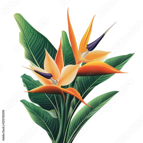 vibrant illustration of a tropical plant. specifically a bird of paradise flower. showcasing its striking orange and purple petals against lush green leaves the design emphasizes the beauty of nature