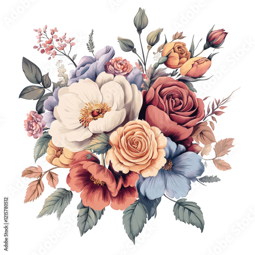 beautifully arranged bouquet of various flowers. showcasing a harmonious blend of colors and types the composition includes roses. peonies. and other blossoms. surrounded by lush green leaves. creatin