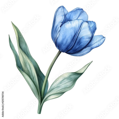beautifully illustrated blue tulip with delicate petals and green leaves. showcasing the elegance of nature the artwork emphasizes floral beauty and can be used for decorative purposes. botanical stud