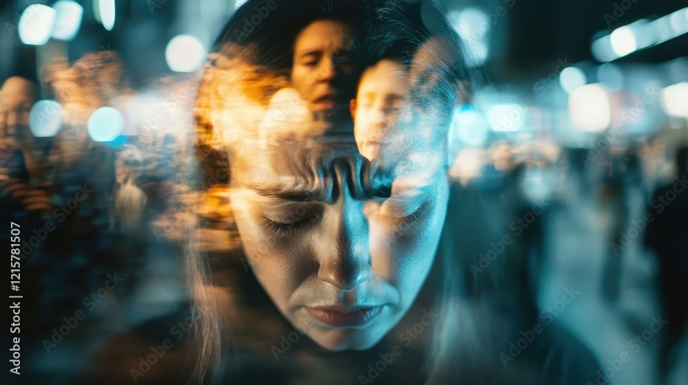 Overwhelmed: A Woman's Internal Struggle Amidst City Lights Overwhelmed: A Woman's Internal Struggle Amidst City Lights
