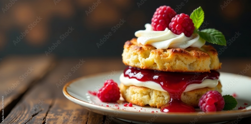 Delicious biscuit stack topped with raspberries, cream, and strawberry jam. Delicious biscuit stack topped with raspberries, cream, and strawberry jam.