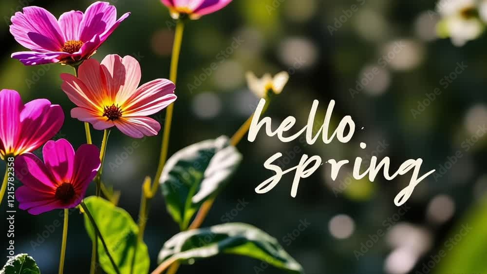 Hello Spring: A vibrant bouquet of colorful spring flowers in bloom, bathed in warm sunlight, with the message 