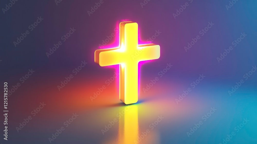 Glowing neon yellow cross on a colorful background. Glowing neon yellow cross on a colorful background.