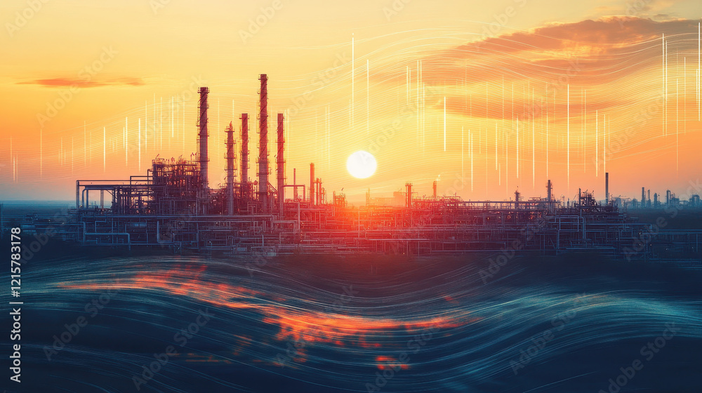 A photorealistic depiction of an oil refinery at sunrise, with digital charts and graphs overlaying the scene A photorealistic depiction of an oil refinery at sunrise, with digital charts and graphs overlaying the scene