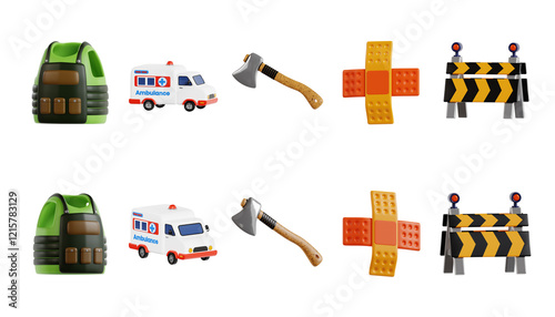 Backpack, Ambulance, Axe, Bandage, and Barrier. 3D Icon High Quality Render photo