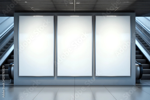 Blank poster mockup in metro station. Three big vertical / portrait orientation blank poster with metro escalator background.