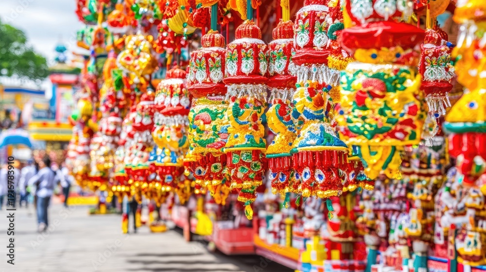 Fototapeta premium Colorful Tibetan prayer flags market stall. Festival background. Tourist destination