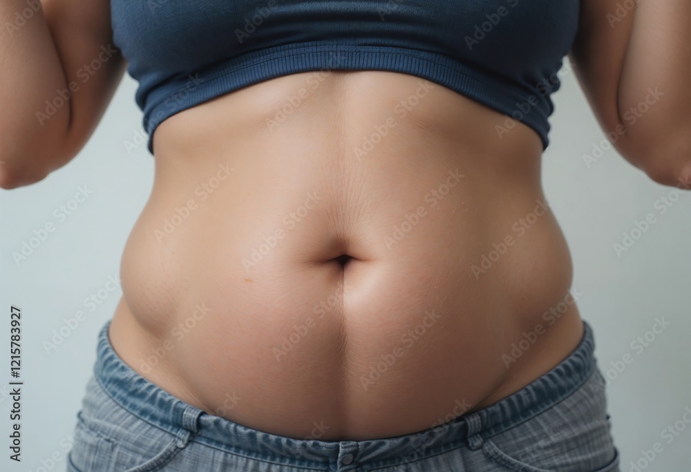 Close-up of an adult woman's bloated abdomen, showcasing digestive discomfort and health issues. Close-up of an adult woman's bloated abdomen, showcasing digestive discomfort and health issues.