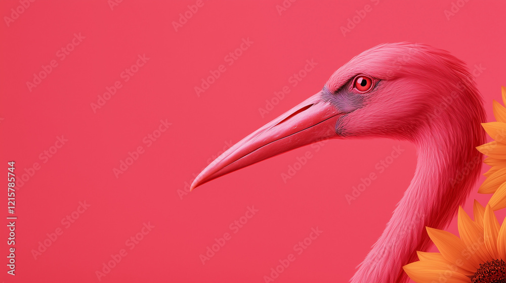 Fototapeta premium Vibrant pink flamingo with striking features surrounded by sunflowers against a bold coral background depicting beauty and grace in nature