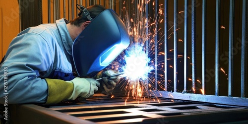 Welder fabricates metal gate, sparks fly. Industrial factory background. Safety gear