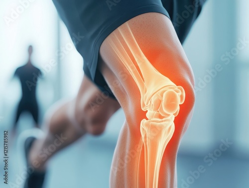 Anatomical illustration of a knee joint highlighting cartilage, ligaments, and bones during a fitness activity.