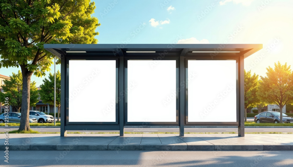 Fototapeta premium Modern bus stop with empty advertisement panels under clear sky and bright sunlight.