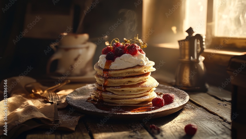 Delicious pancake stack with whipped cream and raspberries. Delicious pancake stack with whipped cream and raspberries.