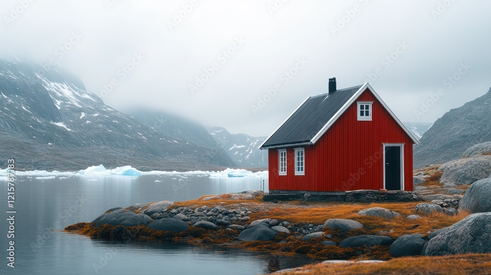 Red cabin, Greenland fjord, iceberg backdrop, solitude Red cabin, Greenland fjord, iceberg backdrop, solitude