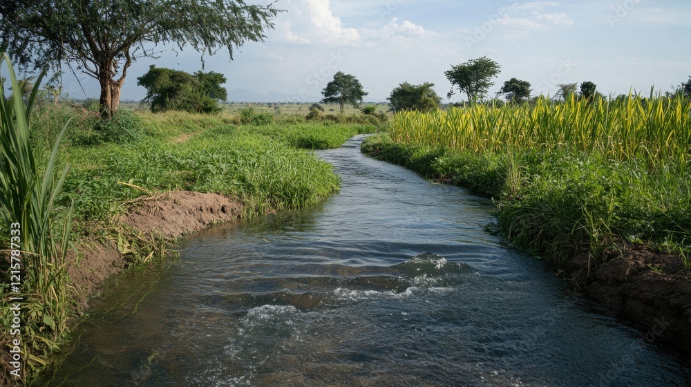 Serene stream flows through lush green fields, bordering golden crops under a bright sky. Ideal for illustrating agriculture, irrigation, or natural resource themes. Serene stream flows through lush green fields, bordering golden crops under a bright sky. Ideal for illustrating agriculture, irrigation, or natural resource themes.
