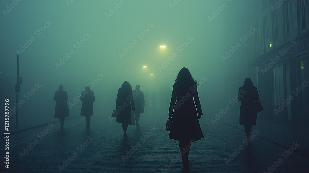 A foggy night view of people walking on the street illuminated by street lights A foggy night view of people walking on the street illuminated by street lights