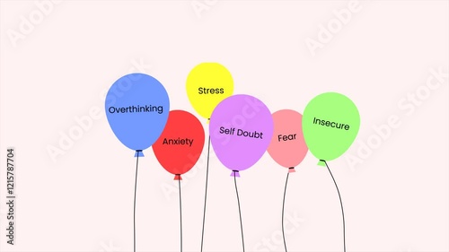 Colorful balloon animation with words like stress, anxiety, fear, and self-doubt. A visual metaphor for mental health and emotional struggles.