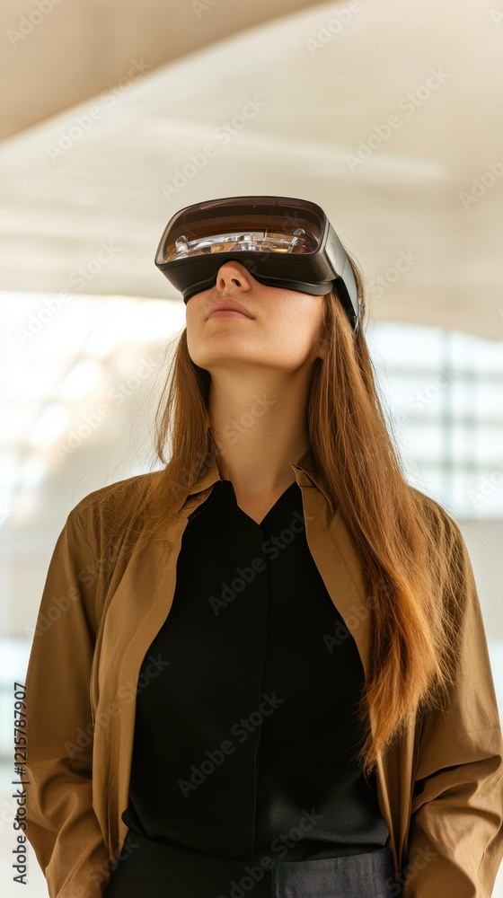 Woman Experiencing Virtual Reality in Modern Architecture Woman Experiencing Virtual Reality in Modern Architecture