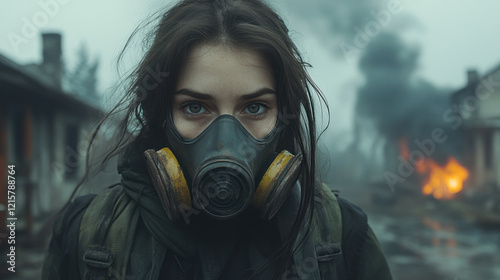Canadian woman wearing gas mask to protect breath from smoke coming from a burning house
