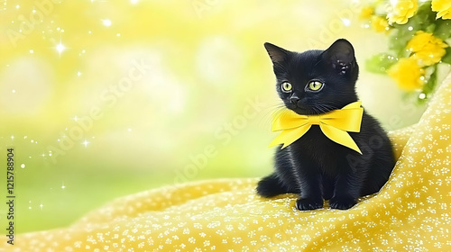Black Kitten with Yellow Bow