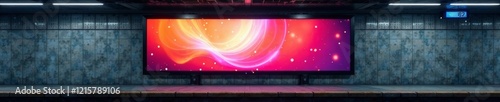 Vibrant digital display in a modern urban subway station showcasing bright colors.