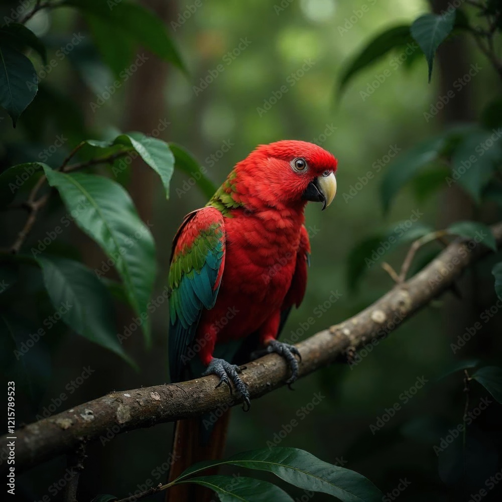 Fototapeta premium Vibrant Red Parrot Perched on Branch in Lush Tropical Forest