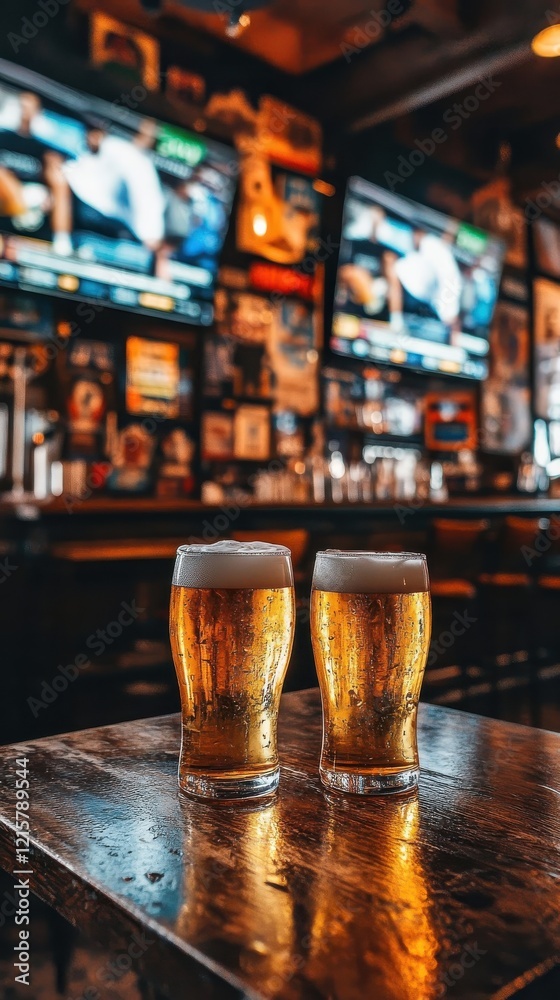 Two Glasses of Beer on a Bartop with Televisions Blurred in the Background Two Glasses of Beer on a Bartop with Televisions Blurred in the Background