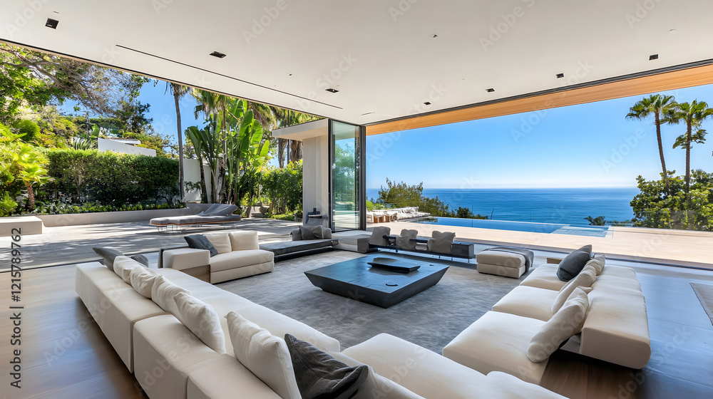 Fototapeta premium A bright living room with expansive windows offering stunning views of the tropical landscape.