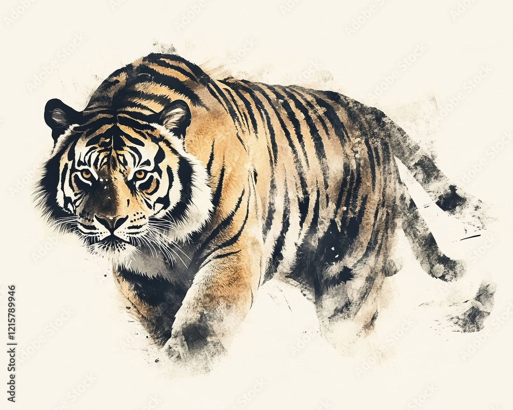 Naklejka premium A minimalist Chinese ink painting of a tiger features bold brushstrokes and muted tones of black and beige. The elegant design evokes strength and grace through its traditional artistry.