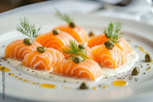 Delectable salmon slices, capers, dill, creamy sauce. Perfect for restaurant menus, gourmet food blogs, or recipes. photo