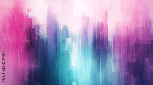 Digital abstract cityscape background with glitchy pixelated electric blues  purples  greens  pinks  whites  and turquoise in a minimalistic bright tone with empty blank caption space on the side  