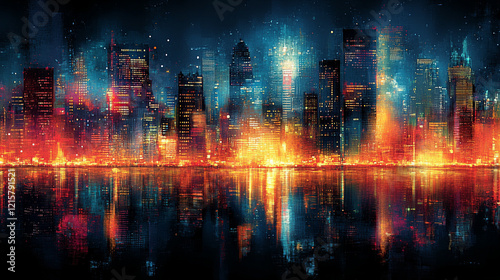 Digital abstract cityscape background with glitchy pixelated electric blues  purples  greens  pinks  whites  and turquoise in a minimalistic bright tone with empty blank caption space on the side  
