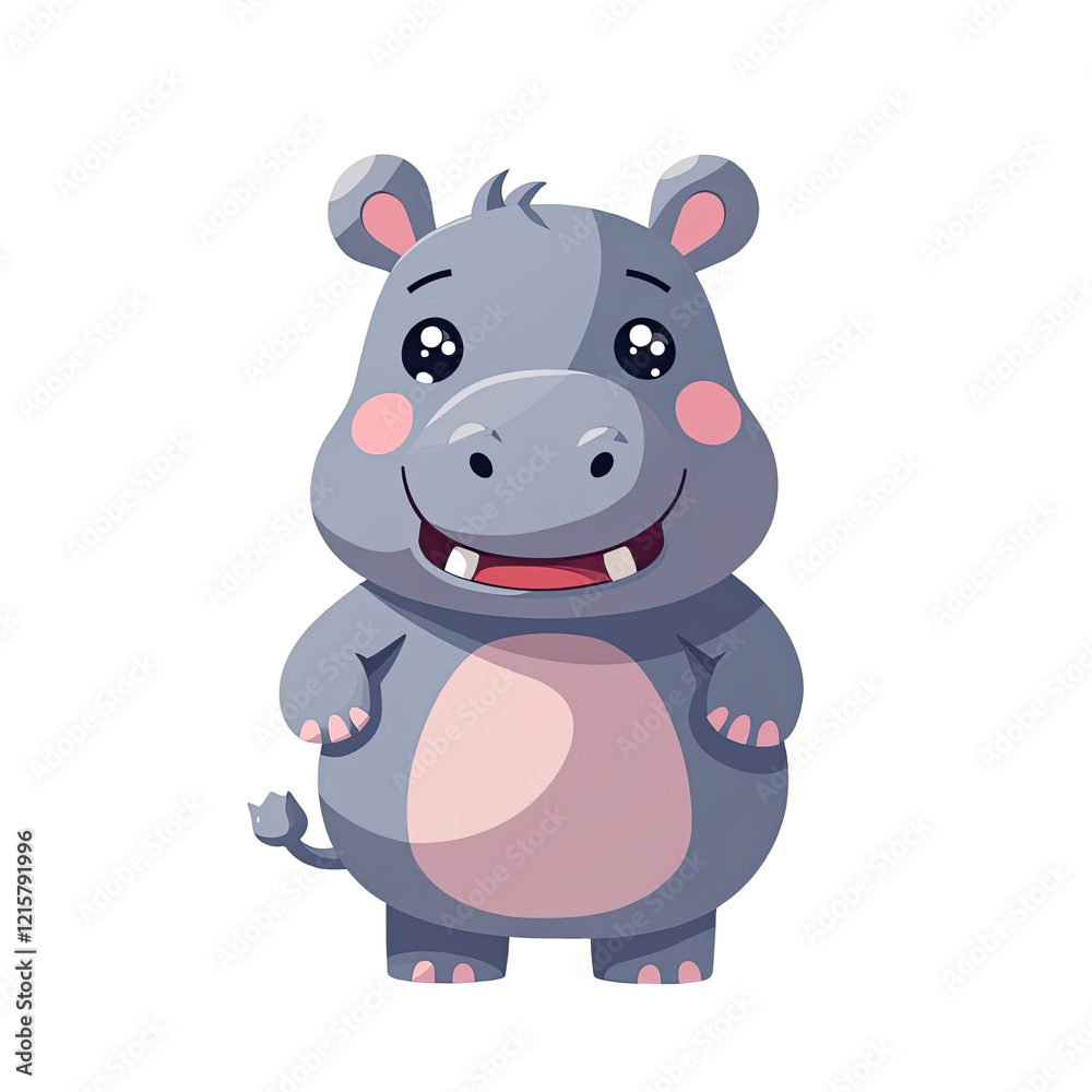 Naklejka premium Adorable Cartoon Hippo, Cute Baby Hippo Illustration - Kawaii/Chib.