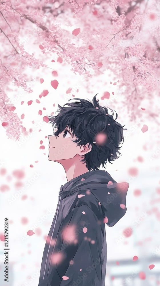 Anime Boy Gazing Upwards Amidst Falling Cherry Blossoms Anime Boy Gazing Upwards Amidst Falling Cherry Blossoms