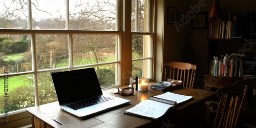 Wallpaper Mural Laptop, books, candlelight study, garden view. Peaceful workspace Torontodigital.ca