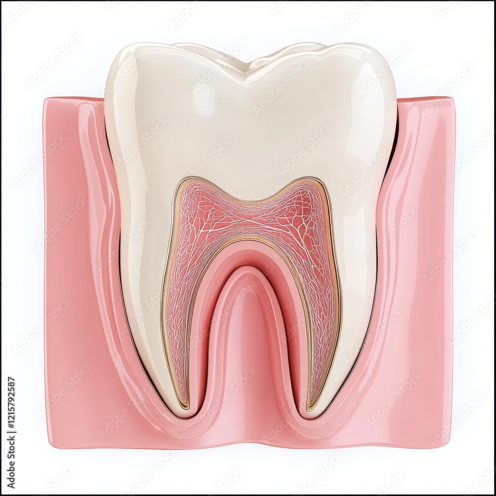 3D illustration of a structure and details of one white tooth on a pink background 3D illustration of a structure and details of one white tooth on a pink background