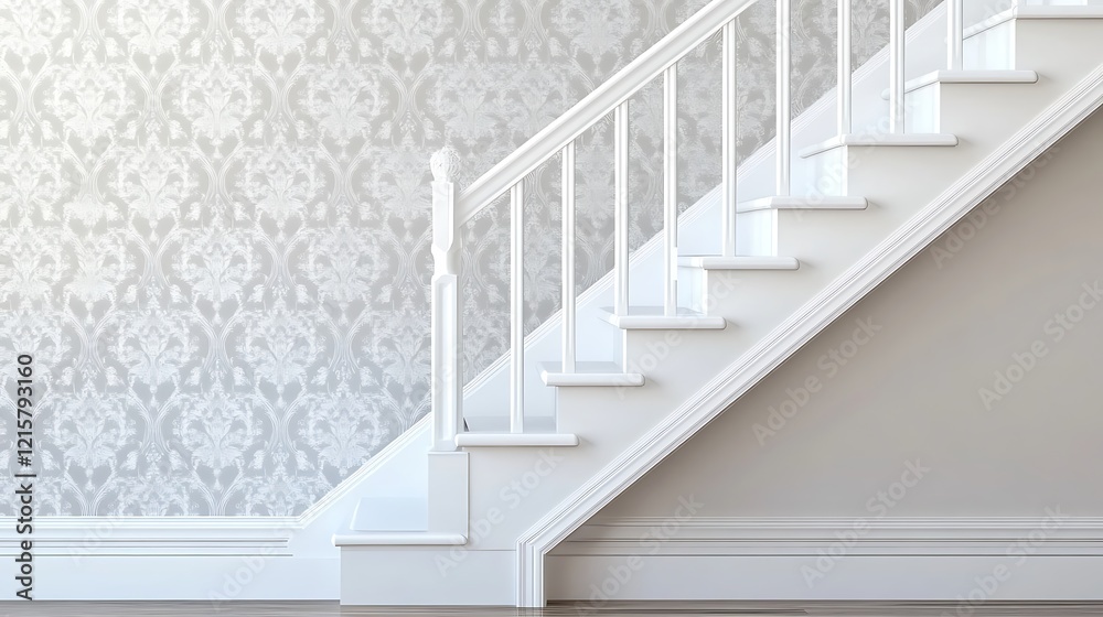 White Staircase Against Grey Damask Wallpapered Wall White Staircase Against Grey Damask Wallpapered Wall