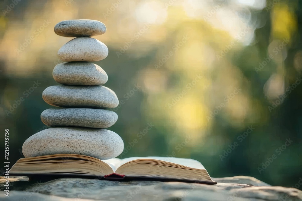 Obraz premium Stacked stones on open book in nature. (1)