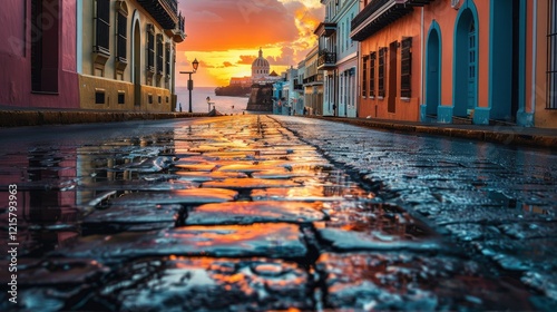 A Picturesque Sunset Over the Cobblestones of Old San Juan, Puerto Rico, Vibrant and Serene photo