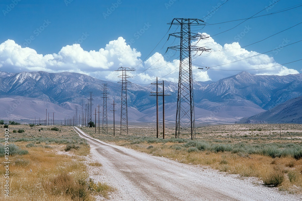 Gravel road with power lines and mountains. Illustrates energy transmission across vast landscapes. Gravel road with power lines and mountains. Illustrates energy transmission across vast landscapes.