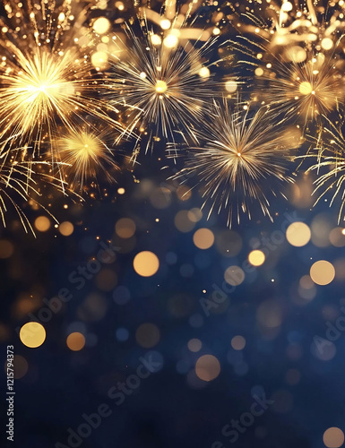 Golden fireworks illuminate a dark blue background, celebrating New Year's Day with vibrant lights. The dynamic scene conveys joy and is perfect for festive banners or posters.