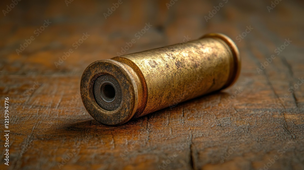 Spent casing on rustic wood, crime scene background Spent casing on rustic wood, crime scene background
