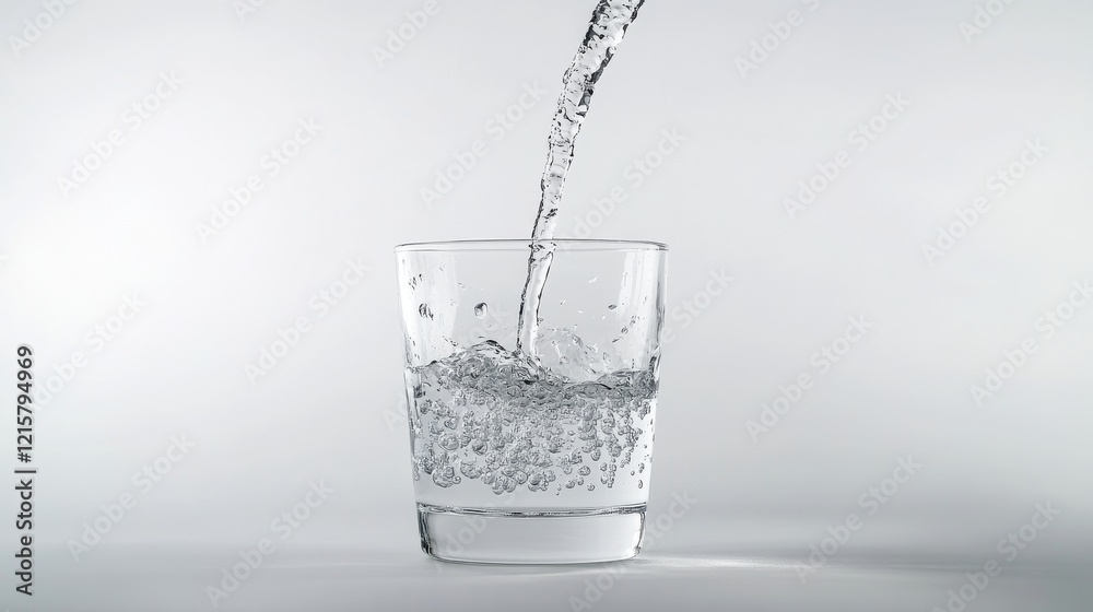 minimalist high-detail shot of water pouring into a centered clear glass on a white background